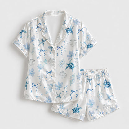 PJ-158-Satin White Watercolor Turtle Classic Piping Button Up Pajama Set FREE SHIPING