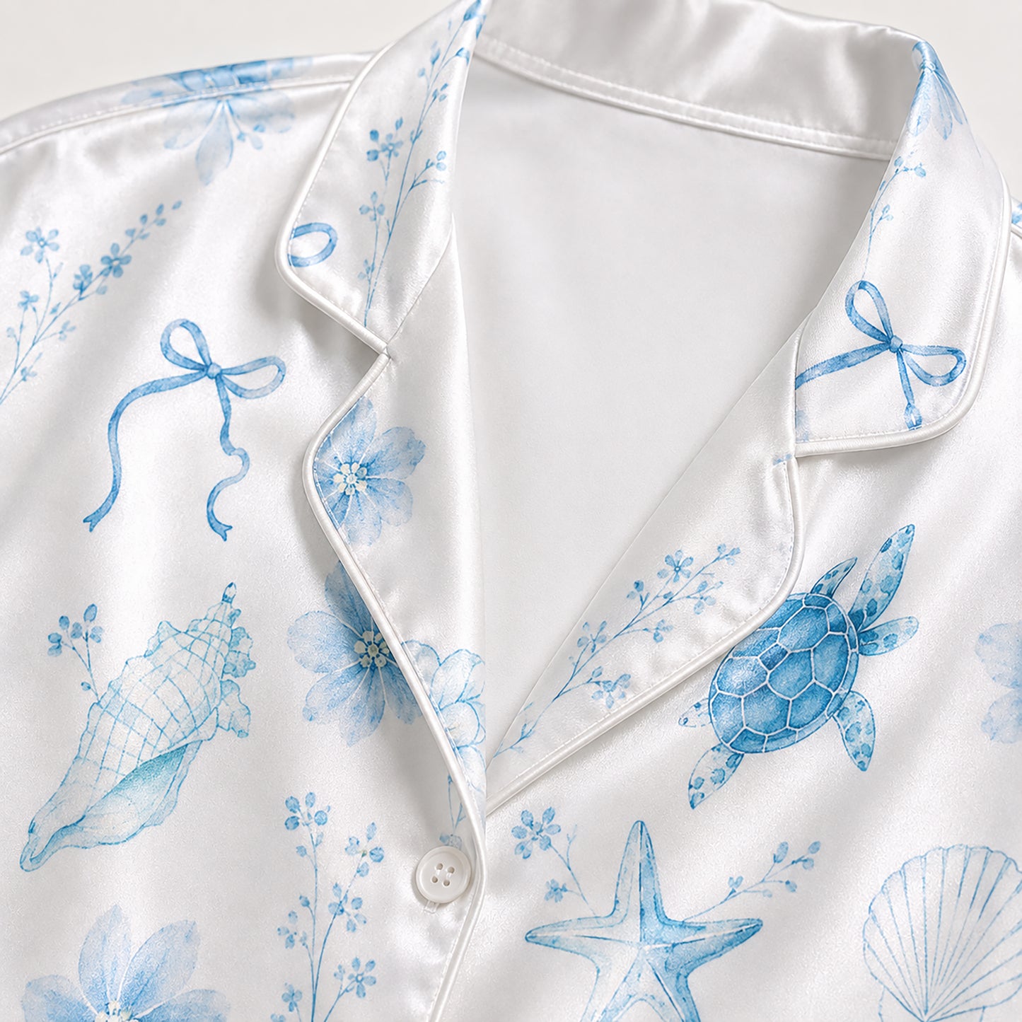 PJ-158-Satin White Watercolor Turtle Classic Piping Button Up Pajama Set FREE SHIPING