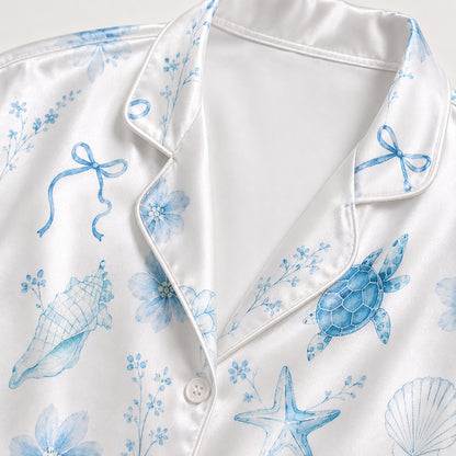 PJ-158-Satin White Watercolor Turtle Classic Piping Button Up Pajama Set FREE SHIPING