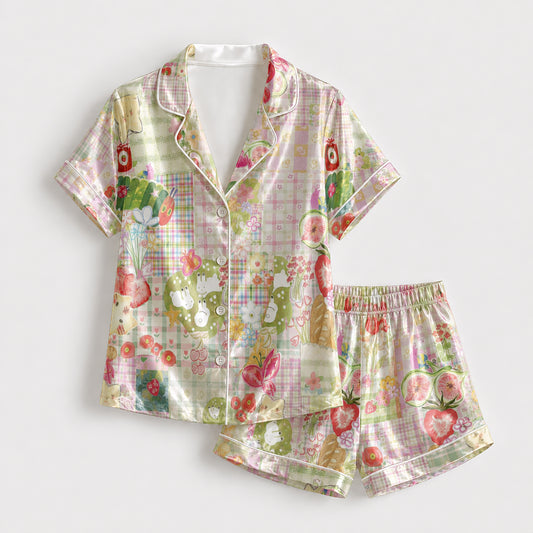 PJ-159-Satin Pastel Patchwork Storybook Picnic White Piping Button Up Pajama Set FREE SHIPPING