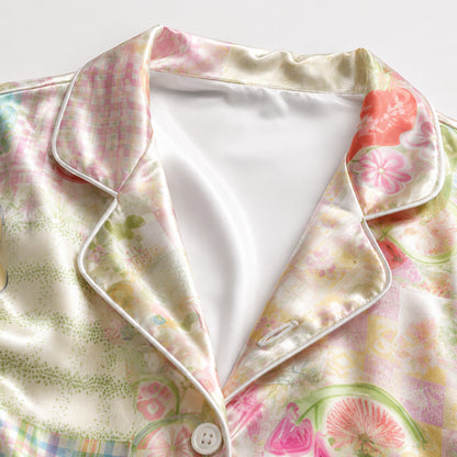 PJ-159-Satin Pastel Patchwork Storybook Picnic White Piping Button Up Pajama Set FREE SHIPING