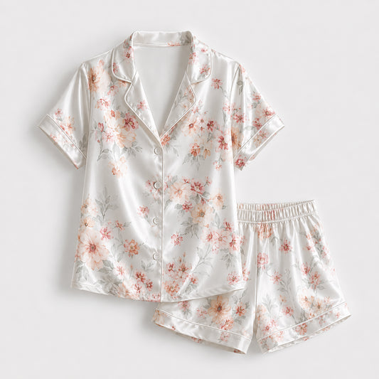PJ-160-Satin White Soft Peony Classic Piping Button Up Pajama Set FREE SHIPPING