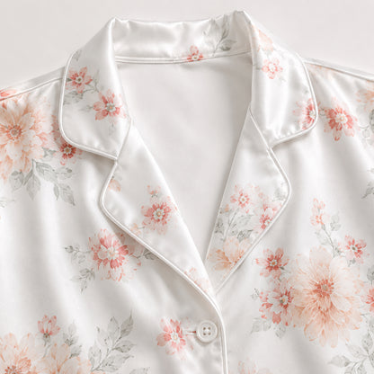 PJ-160-Satin White Soft Peony Classic Piping Button Up Pajama Set FREE SHIPING