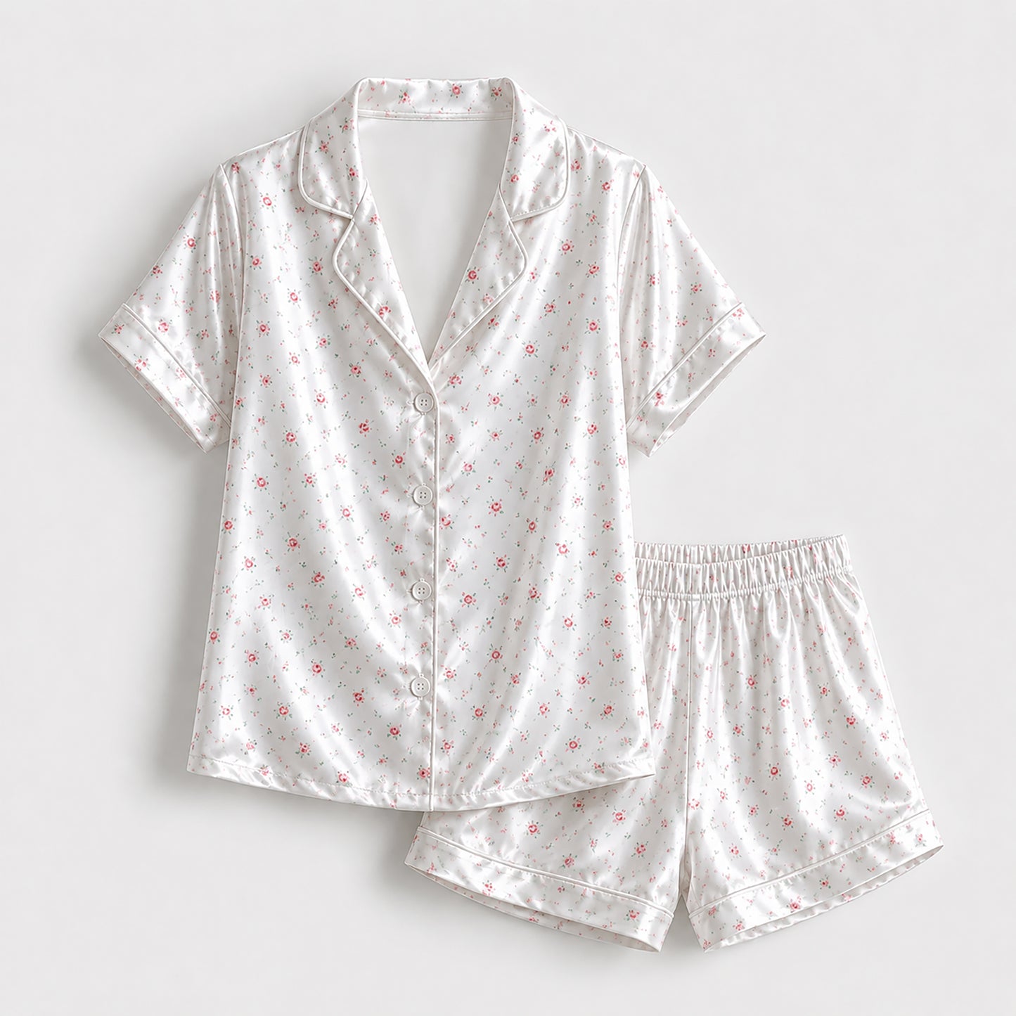 PJ-161-Satin White Ditsy Rose Classic Piping Button Up Pajama Set FREE SHIPING