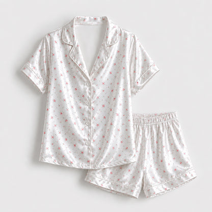 PJ-161-Satin White Ditsy Rose Classic Piping Button Up Pajama Set FREE SHIPING