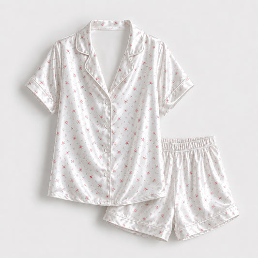 PJ-161-Satin White Ditsy Rose Classic Piping Button Up Pajama Set FREE SHIPPING