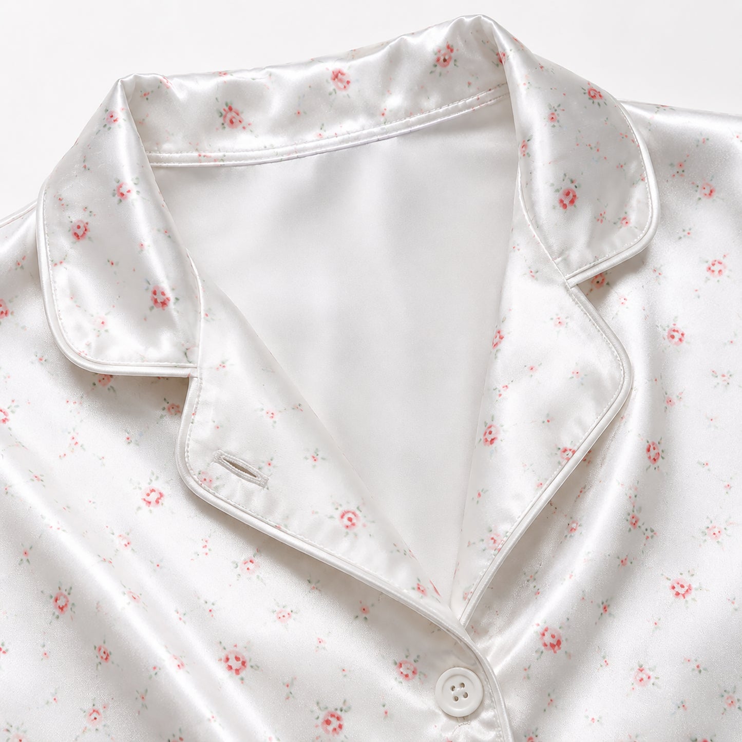 PJ-161-Satin White Ditsy Rose Classic Piping Button Up Pajama Set FREE SHIPING