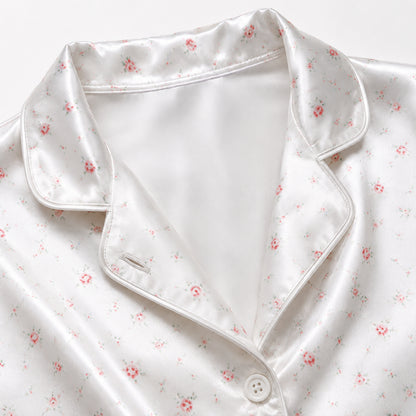 PJ-161-Satin White Ditsy Rose Classic Piping Button Up Pajama Set FREE SHIPING