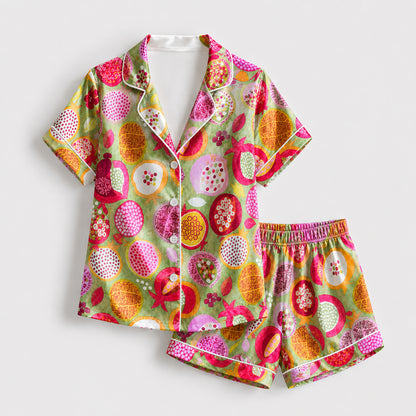 PJ-162-Satin Vivid Green Pomegranate Bloom White Piping Button Up Pajama Set FREE SHIPING