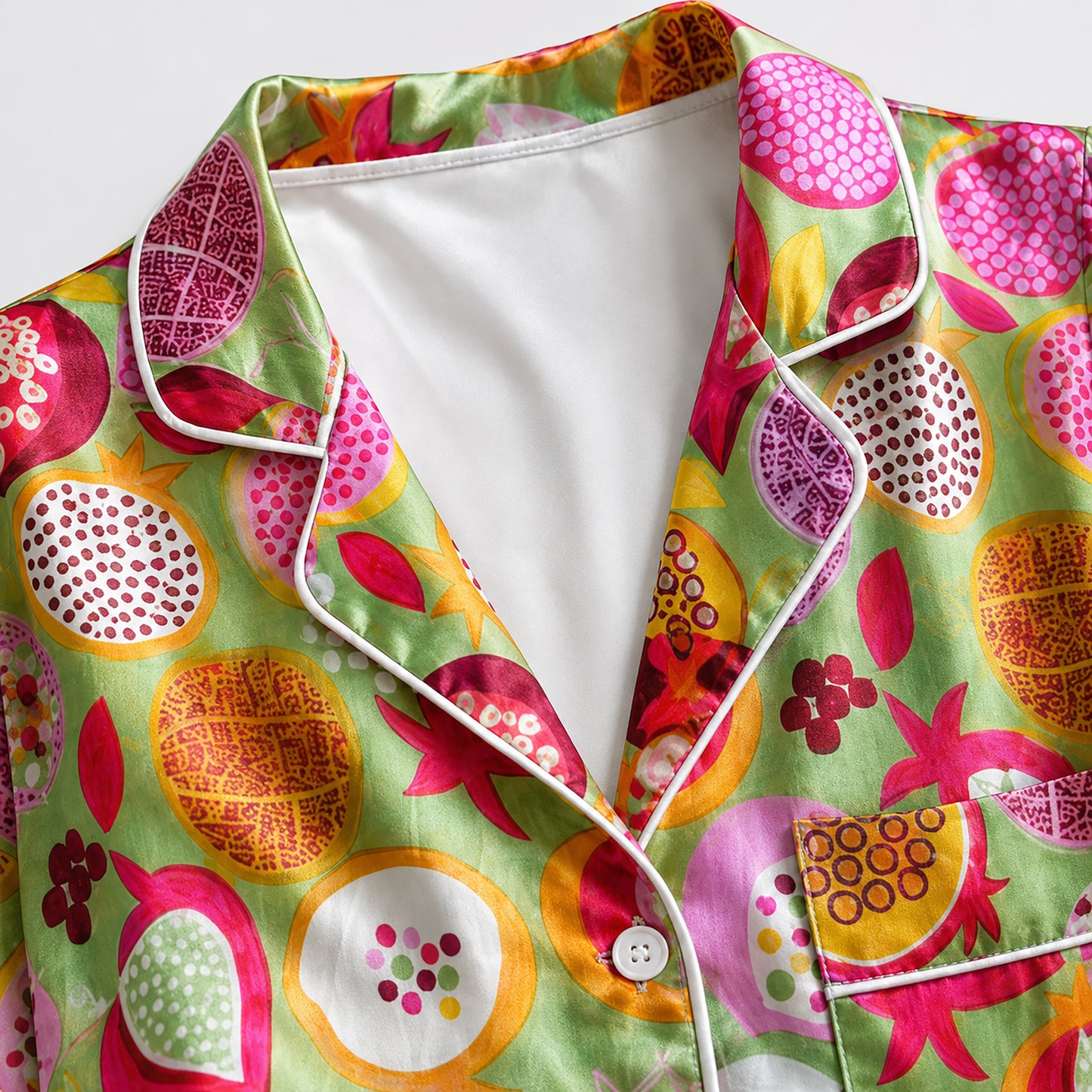 PJ-162-Satin Vivid Green Pomegranate Bloom White Piping Button Up Pajama Set FREE SHIPING