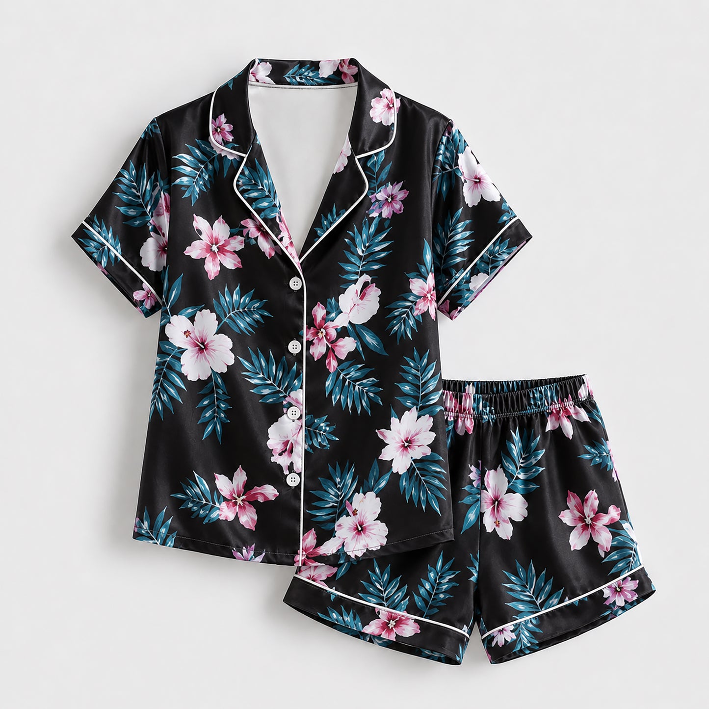 PJ-163-Satin Black Teal Hibiscus White Piping Button Up Pajama Set FREE SHIPING