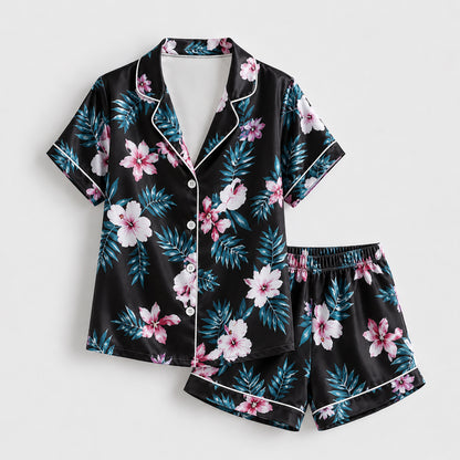 PJ-163-Satin Black Teal Hibiscus White Piping Button Up Pajama Set FREE SHIPING