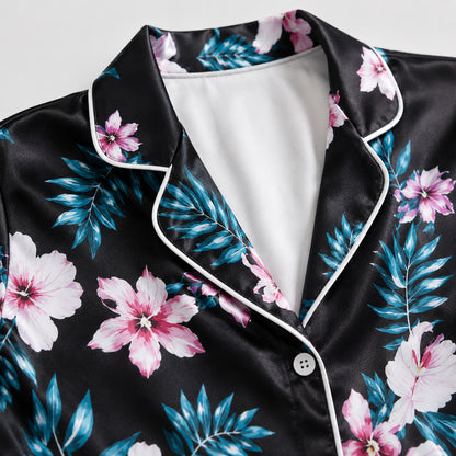 PJ-163-Satin Black Teal Hibiscus White Piping Button Up Pajama Set FREE SHIPING