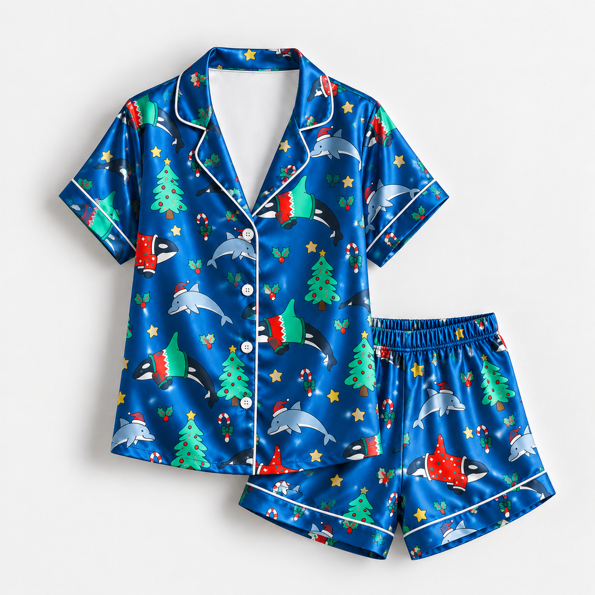PJ-1634-Christmas Shark Satin Pajama Set, Santa Shark Christmas Tree Holiday Ocean Sleepwear