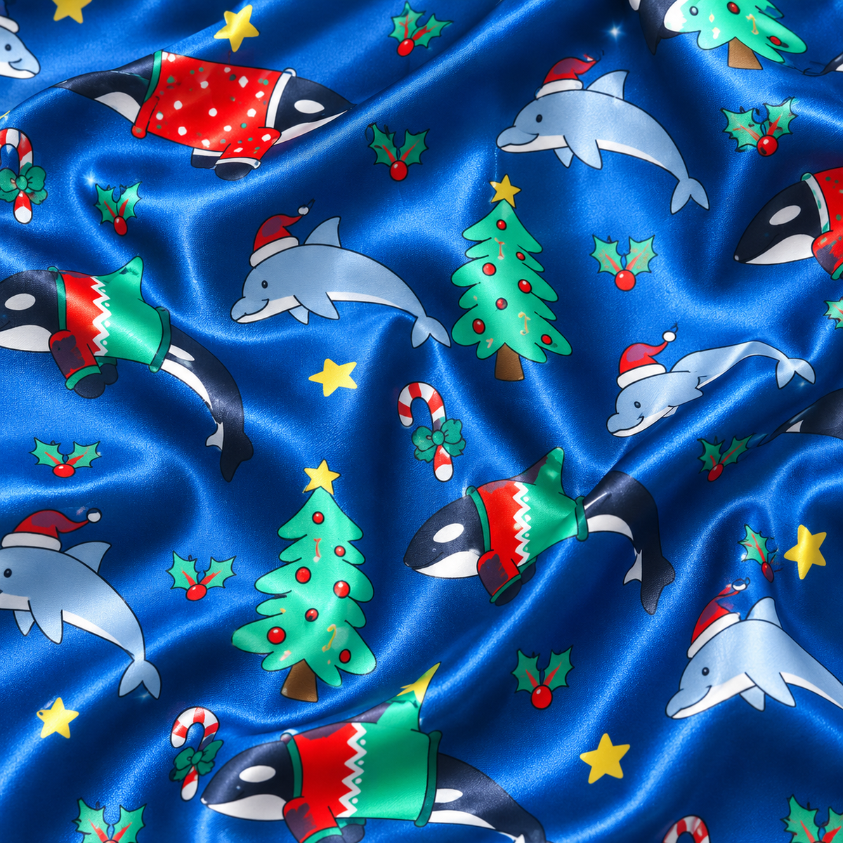 PJ-1634-Christmas Shark Satin Pajama Set, Santa Shark Christmas Tree Holiday Ocean Sleepwear