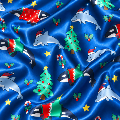 PJ-1634-Christmas Shark Satin Pajama Set, Santa Shark Christmas Tree Holiday Ocean Sleepwear
