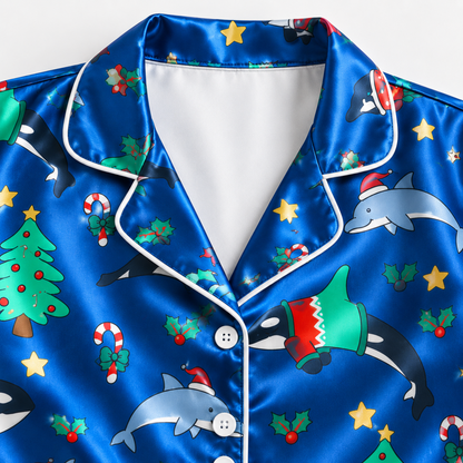PJ-1634-Christmas Shark Satin Pajama Set, Santa Shark Christmas Tree Holiday Ocean Sleepwear