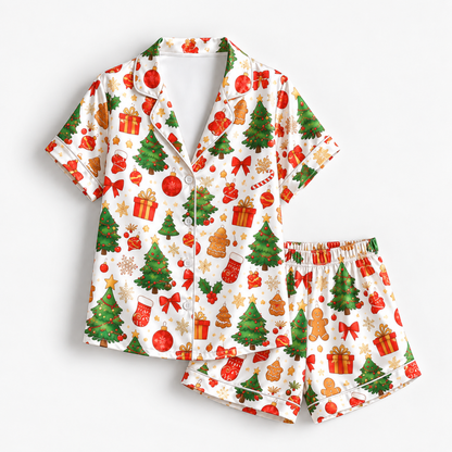 PJ-1639-Classic Christmas Satin Pajama Set, Christmas Tree Gingerbread Gift Candy Cane Holiday Sleepwear