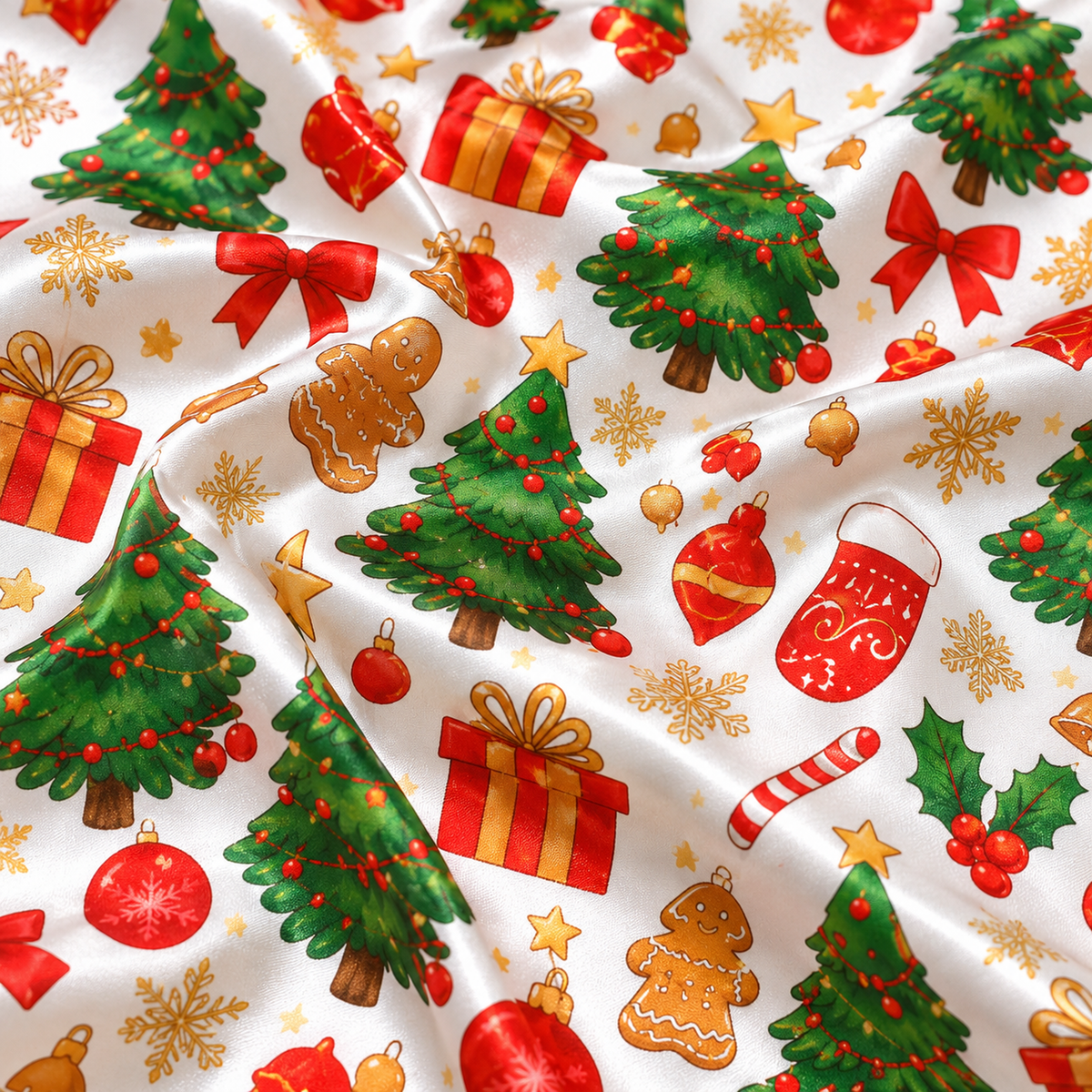 PJ-1639-Classic Christmas Satin Pajama Set, Christmas Tree Gingerbread Gift Candy Cane Holiday Sleepwear