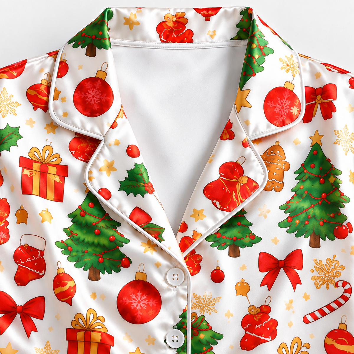 PJ-1639-Classic Christmas Satin Pajama Set, Christmas Tree Gingerbread Gift Candy Cane Holiday Sleepwear