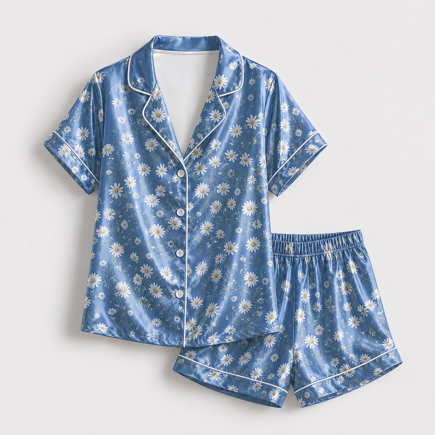 PJ-164-Satin Cornflower Blue Daisy Meadow White Piping Button Up Pajama Set FREE SHIPING