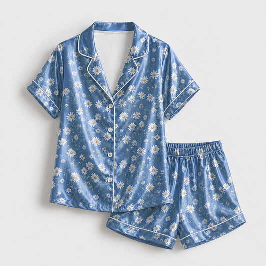 PJ-164-Satin Cornflower Blue Daisy Meadow White Piping Button Up Pajama Set FREE SHIPING