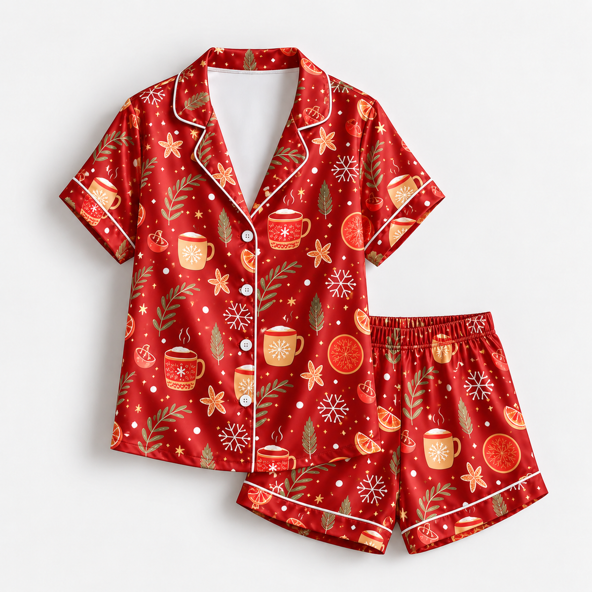PJ-1641-Cozy Christmas Cocoa Satin Pajama Set, Gingerbread Orange Snowflake Holiday Winter Sleepwear