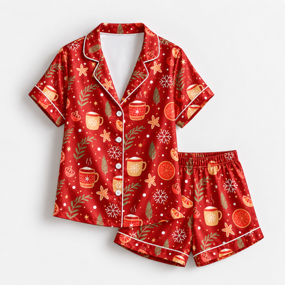 PJ-1641-Cozy Christmas Cocoa Satin Pajama Set, Gingerbread Orange Snowflake Holiday Winter Sleepwear