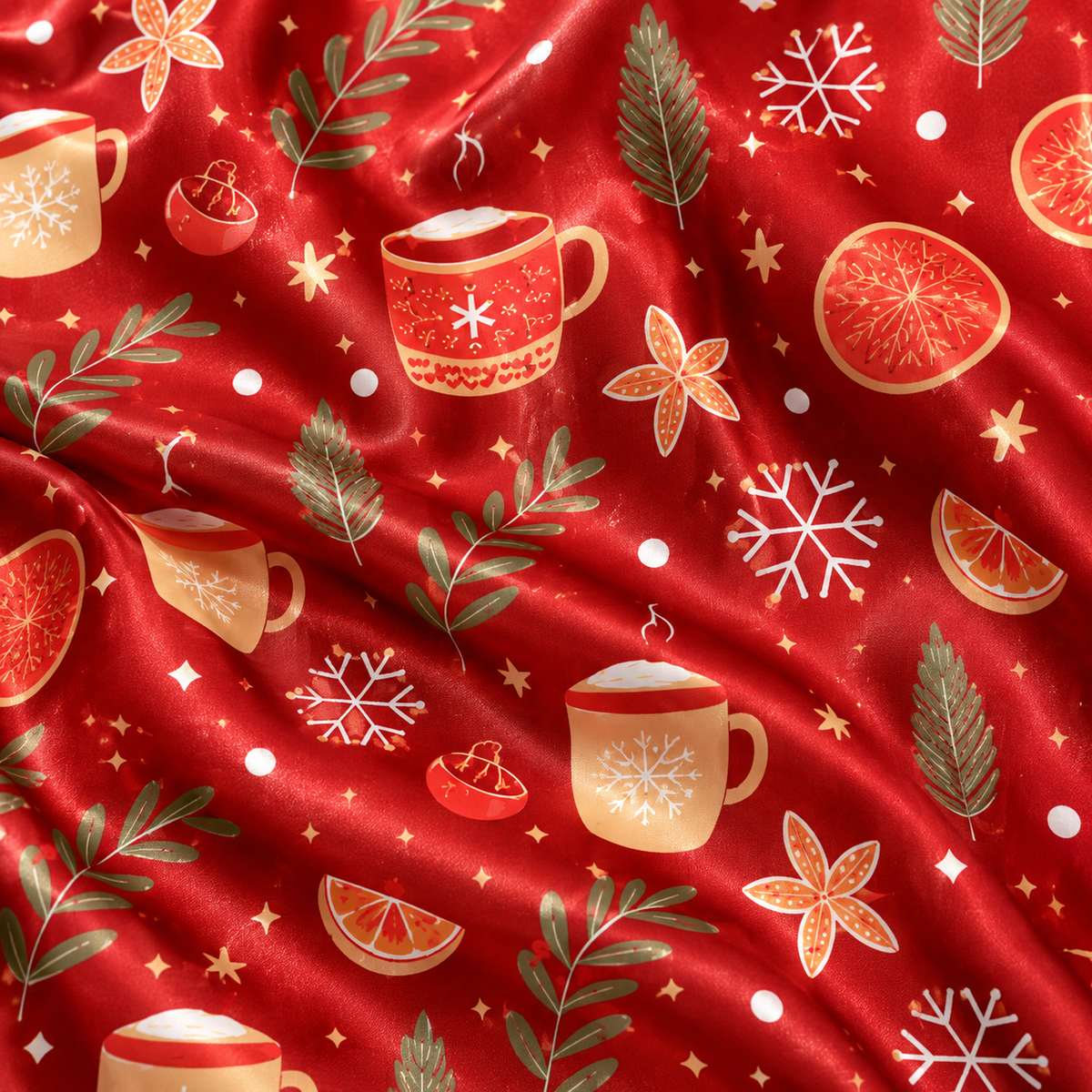 PJ-1641-Cozy Christmas Cocoa Satin Pajama Set, Gingerbread Orange Snowflake Holiday Winter Sleepwear