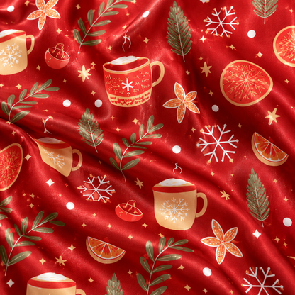 PJ-1641-Cozy Christmas Cocoa Satin Pajama Set, Gingerbread Orange Snowflake Holiday Winter Sleepwear