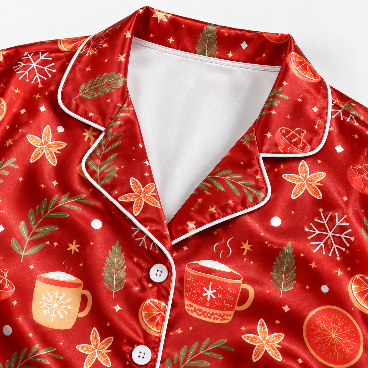 PJ-1641-Cozy Christmas Cocoa Satin Pajama Set, Gingerbread Orange Snowflake Holiday Winter Sleepwear