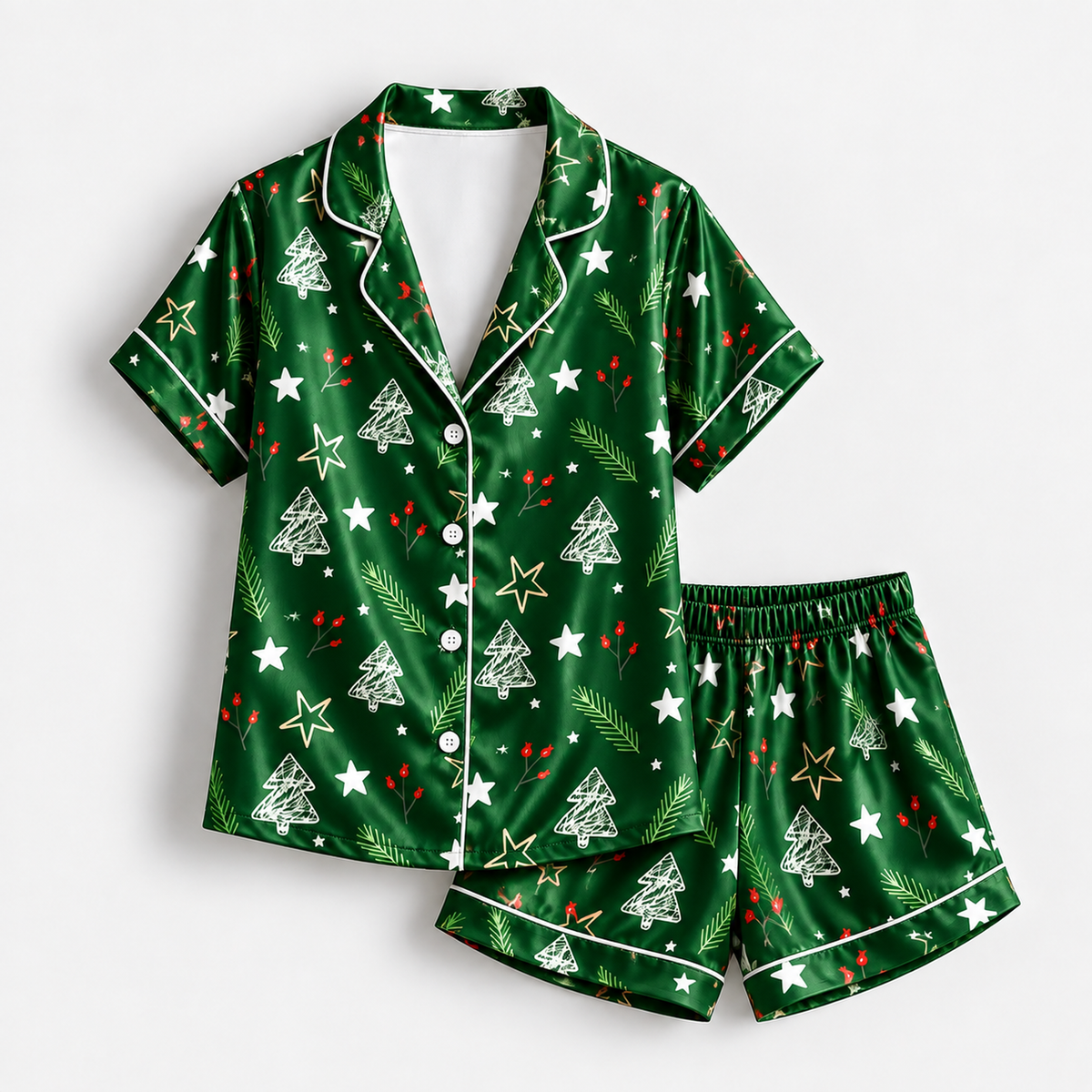 PJ-1642-Green Christmas Tree Satin Pajama Set, Star Holly Pine Branch Festive Holiday Sleepwear