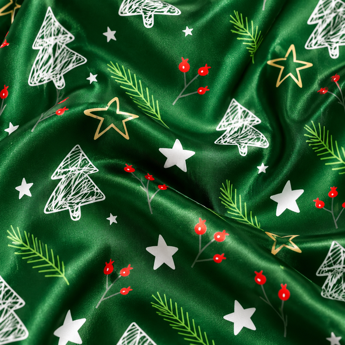 PJ-1642-Green Christmas Tree Satin Pajama Set, Star Holly Pine Branch Festive Holiday Sleepwear