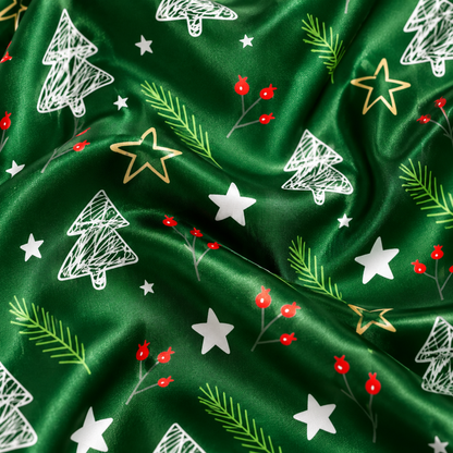 PJ-1642-Green Christmas Tree Satin Pajama Set, Star Holly Pine Branch Festive Holiday Sleepwear