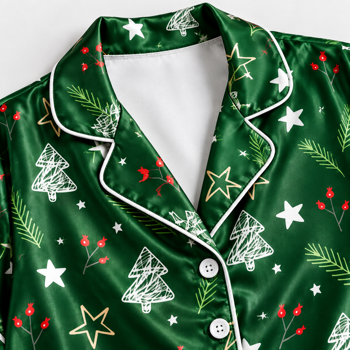 PJ-1642-Green Christmas Tree Satin Pajama Set, Star Holly Pine Branch Festive Holiday Sleepwear