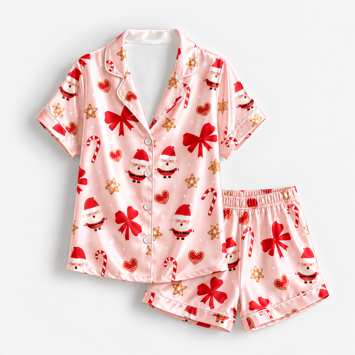 PJ-1643-Pink Santa Christmas Satin Pajama Set, Red Bow Candy Cane Gingerbread Holiday Sleepwear