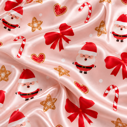 PJ-1643-Pink Santa Christmas Satin Pajama Set, Red Bow Candy Cane Gingerbread Holiday Sleepwear