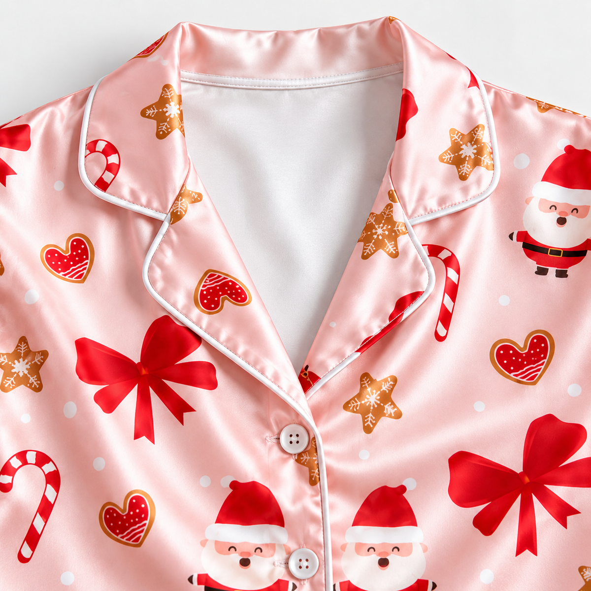 PJ-1643-Pink Santa Christmas Satin Pajama Set, Red Bow Candy Cane Gingerbread Holiday Sleepwear