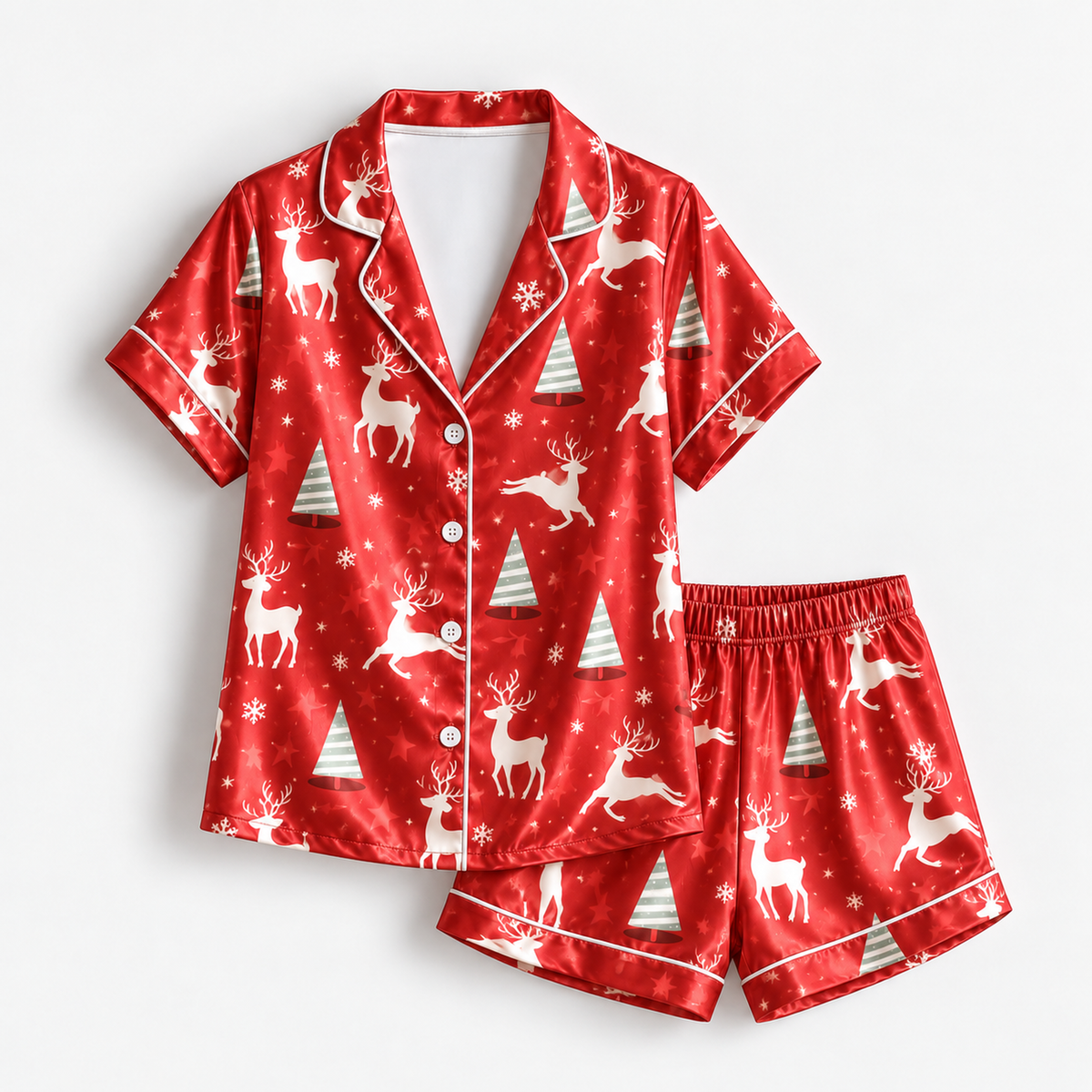 PJ-1644-Red Reindeer Christmas Satin Pajama Set, Christmas Tree Snowflake Festive Holiday Sleepwear