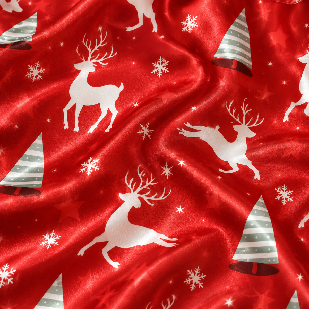 PJ-1644-Red Reindeer Christmas Satin Pajama Set, Christmas Tree Snowflake Festive Holiday Sleepwear