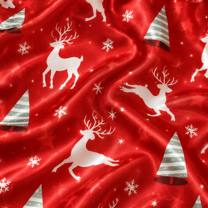 PJ-1644-Red Reindeer Christmas Satin Pajama Set, Christmas Tree Snowflake Festive Holiday Sleepwear