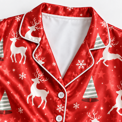PJ-1644-Red Reindeer Christmas Satin Pajama Set, Christmas Tree Snowflake Festive Holiday Sleepwear