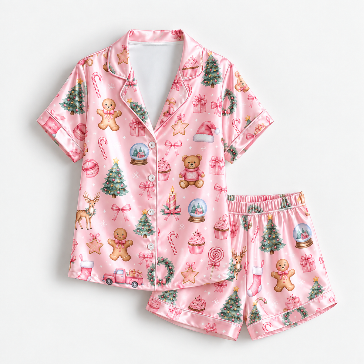PJ-1647-Pink Christmas Satin Pajama Set, Gingerbread Teddy Bear Christmas Tree Candy Cane Holiday Sleepwear