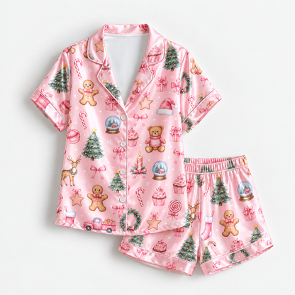 PJ-1647-Pink Christmas Satin Pajama Set, Gingerbread Teddy Bear Christmas Tree Candy Cane Holiday Sleepwear