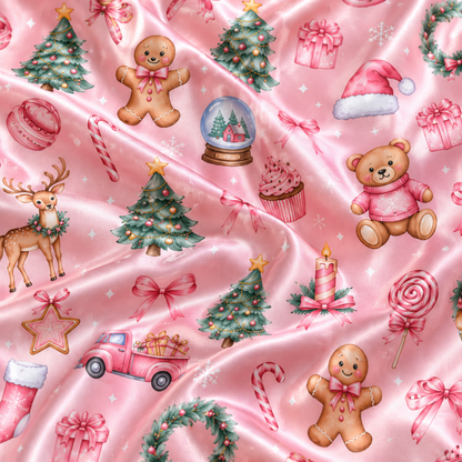 PJ-1647-Pink Christmas Satin Pajama Set, Gingerbread Teddy Bear Christmas Tree Candy Cane Holiday Sleepwear