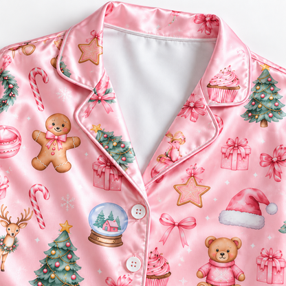 PJ-1647-Pink Christmas Satin Pajama Set, Gingerbread Teddy Bear Christmas Tree Candy Cane Holiday Sleepwear