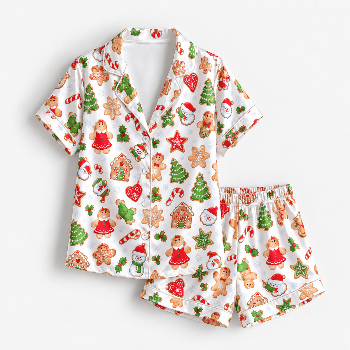 PJ-1648-Gingerbread Christmas Satin Pajama Set, Santa Snowman Christmas Tree Candy Cane Holiday Sleepwear
