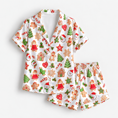 PJ-1648-Gingerbread Christmas Satin Pajama Set, Santa Snowman Christmas Tree Candy Cane Holiday Sleepwear