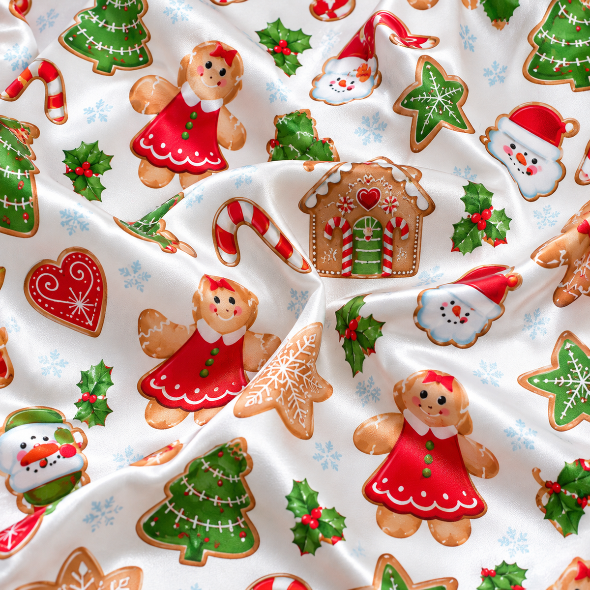 PJ-1648-Gingerbread Christmas Satin Pajama Set, Santa Snowman Christmas Tree Candy Cane Holiday Sleepwear