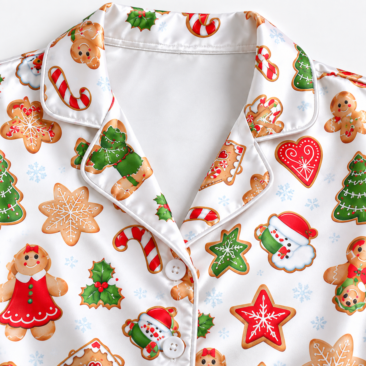 PJ-1648-Gingerbread Christmas Satin Pajama Set, Santa Snowman Christmas Tree Candy Cane Holiday Sleepwear